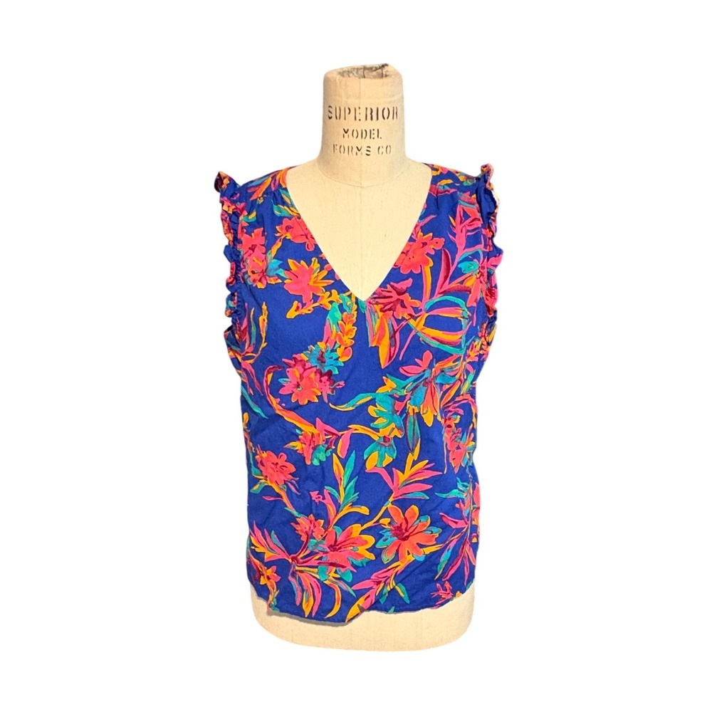 J.Crew Factory Top Blue Floral Tropical Ruffle V-Neck Sleeveless Shirt Sz Small